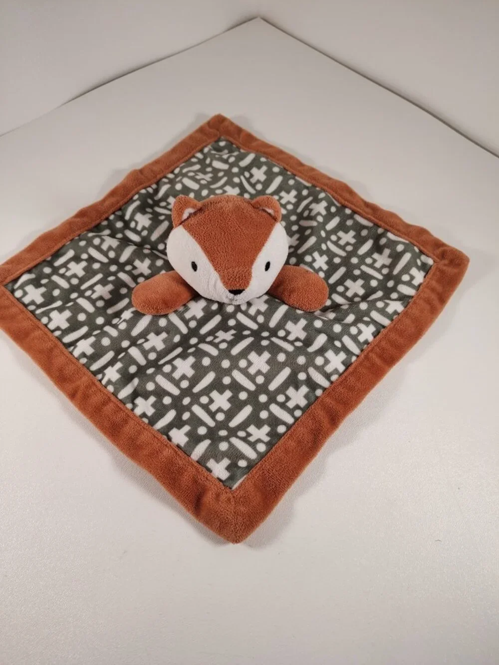 Levtex Orange Fox Baby Lovey Security Blanket Brown Gray Plus Cross Dot White